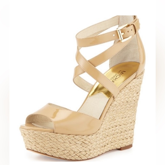 MICHAEL Michael Kors Shoes - Michael Kors Gabriela Nude Patent Woven Wedge Sandal